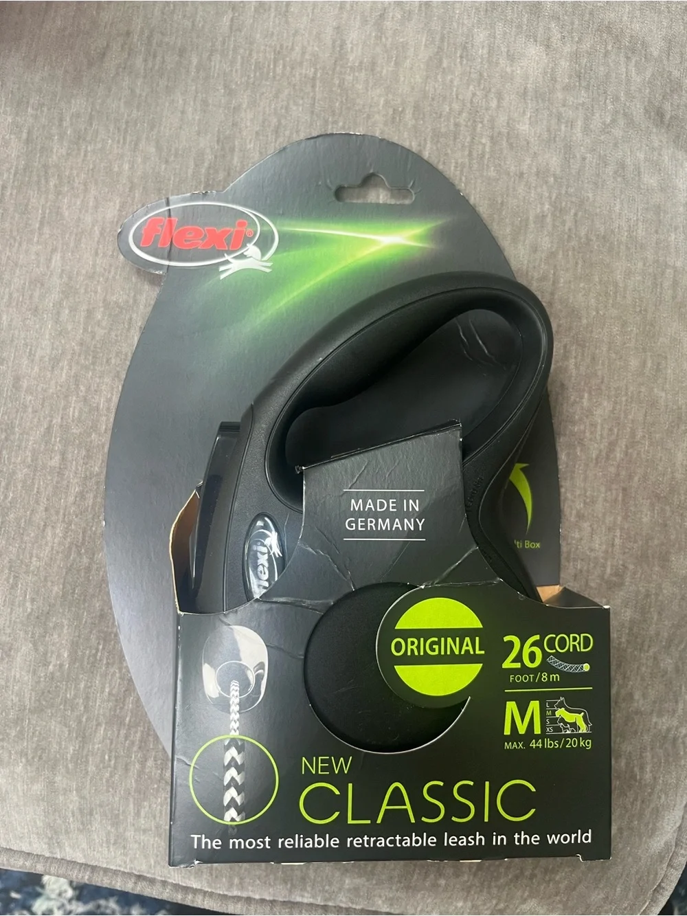 Flexi Classic Retractable Dog Leash in Black with Neon Green Accents